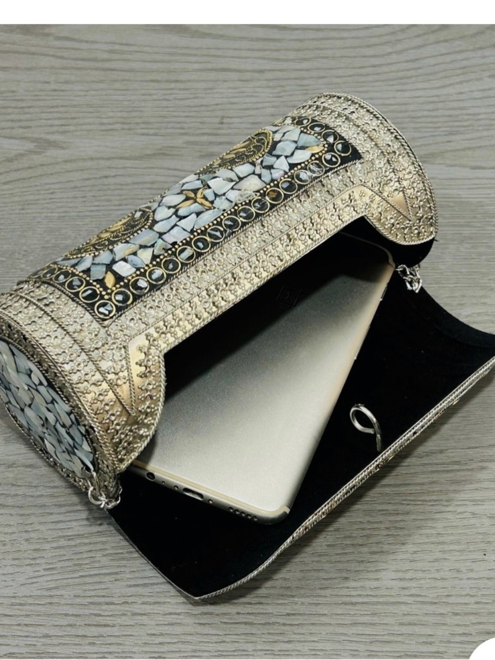 Vintage Handcrafted Metal Mosaic Purse Crossbody Chain Mother of Pearl